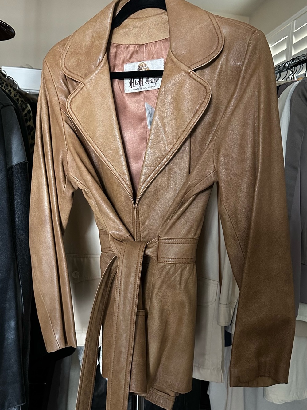 Vintage 1970s Leather Women's Coat Jacket in Camel Brown - Tan Size M